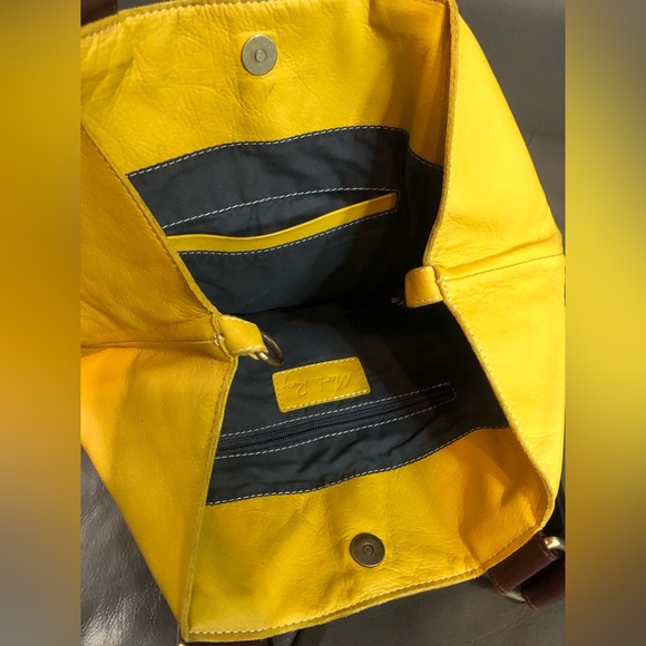 Marta Ray || Mustard Yellow and Leather Brown Tote Bag - Picture 2 of 15